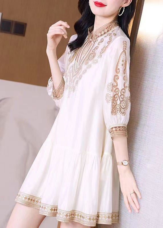 White Stand Collar Lace Patchwork Silk Maxi Dress Spring
