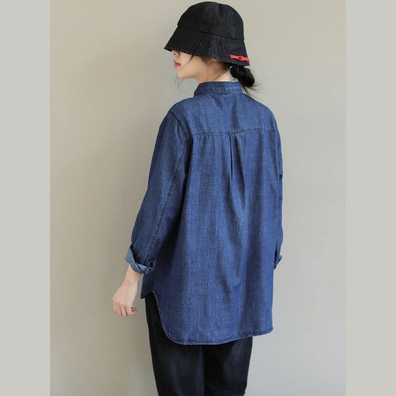 Diy Lapel Pockets Spring Clothes for Pattern Denim Blue Shirt