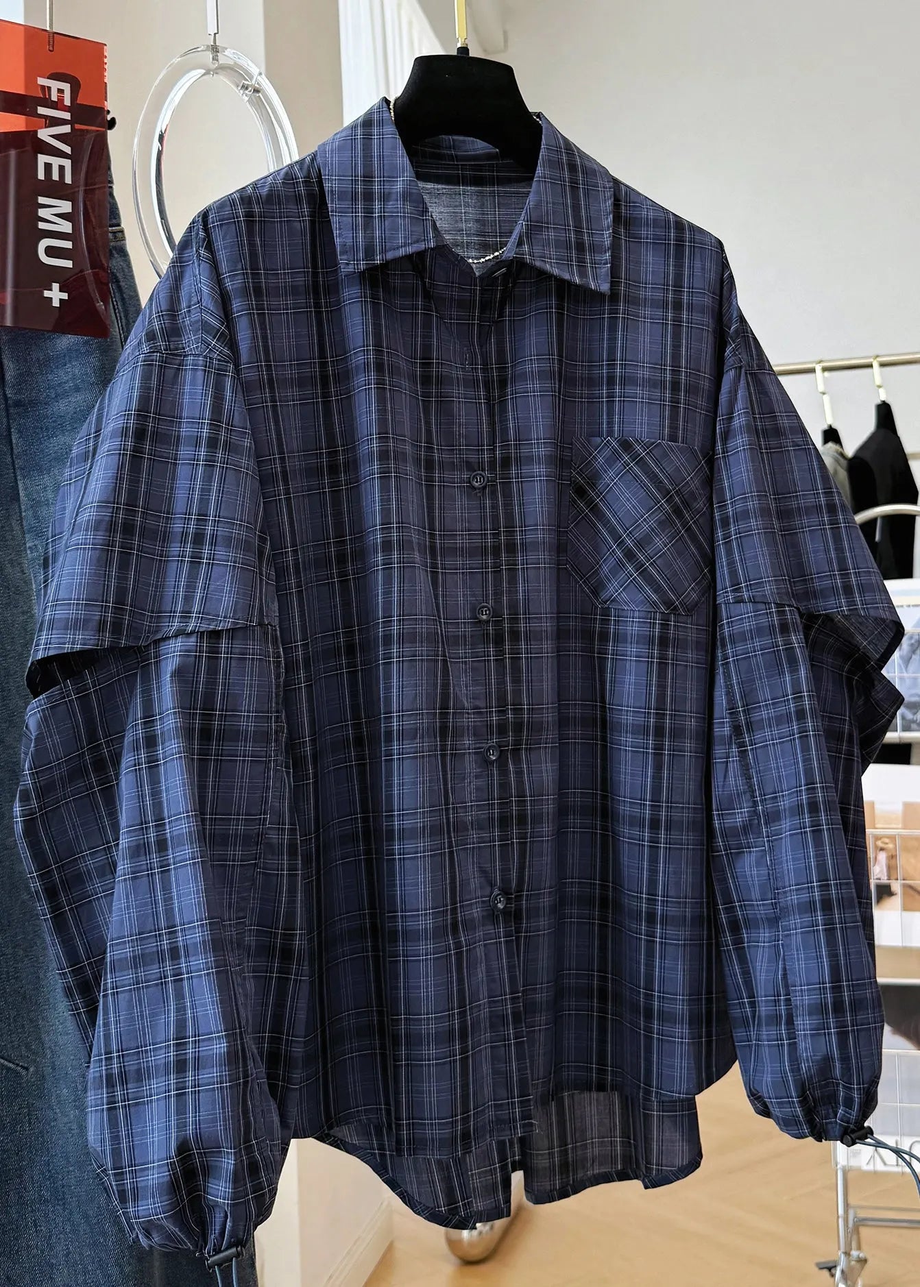 Navy Peter Pan Collar Plaid Drawstring Cotton Shirt Top Fall