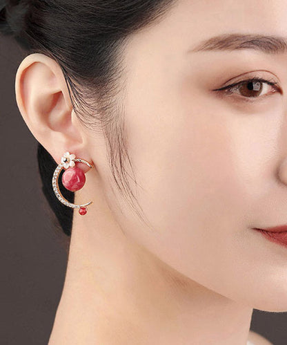 Red Sterling Silver Zircon Shell Flower Asymmetricar Hoop Earrings