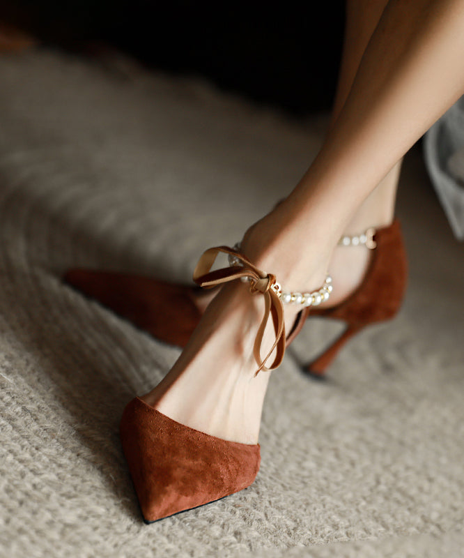 Coffee Suede High Heels Splicing Beading Bow