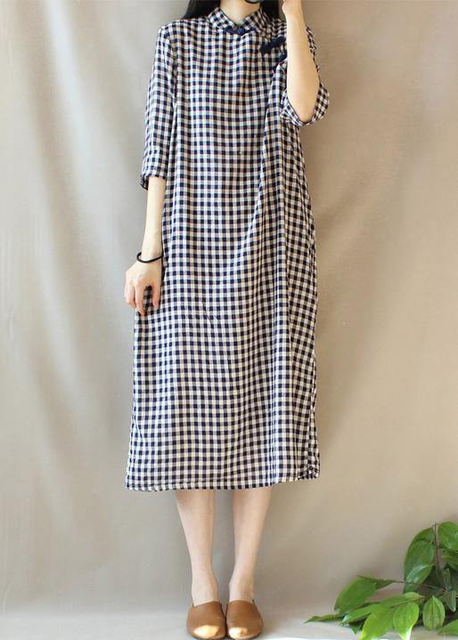 Loose Stand Collar Chinese Button Outfit Work Plaid Linen Maxi Dresses