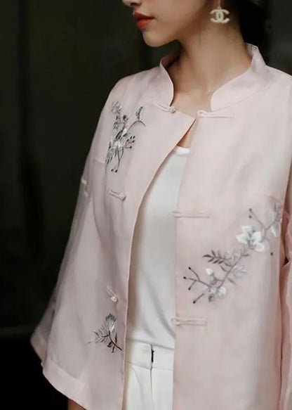 Pink Stand Collar Embroideried Button Top Long Sleeve