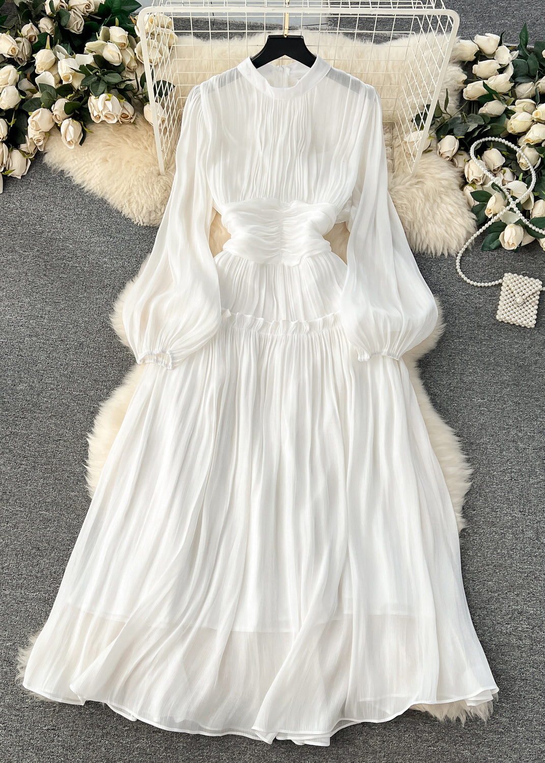 White Wrinkled Patchwork Silk Cotton Dress Long Sleeve Fall