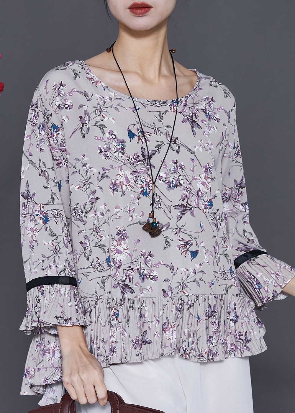 Grey Print Chiffon Shirts O-neck Ruffles Flare Sleeve