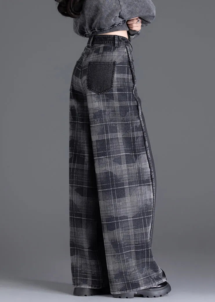 New Black Pockets Plaid Patchwork Warm Fleece Denim Pants Spring