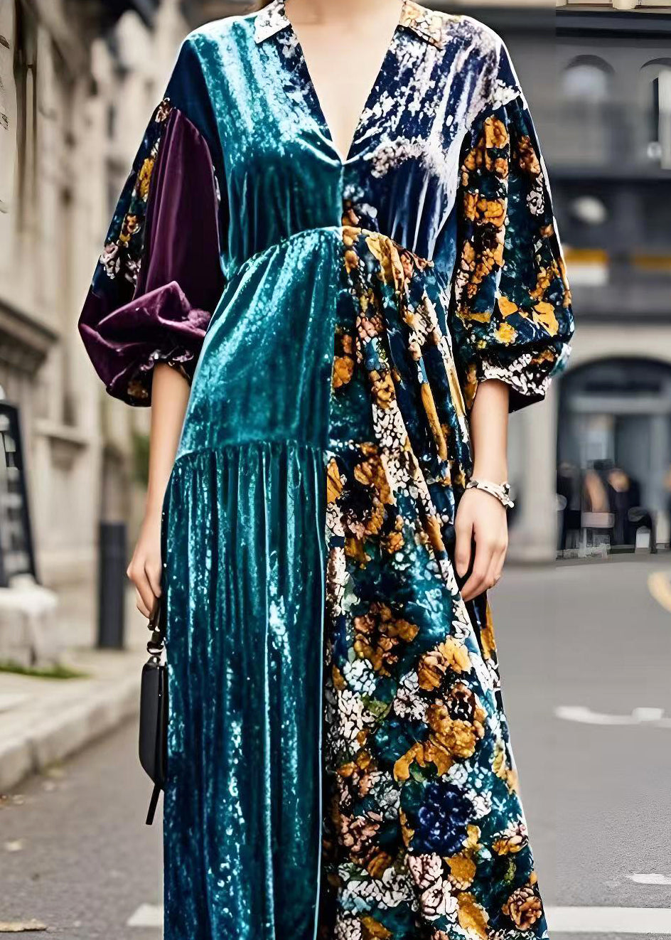 Colorblock V Neck Patchwork Silk Velour Maxi Dresses Spring