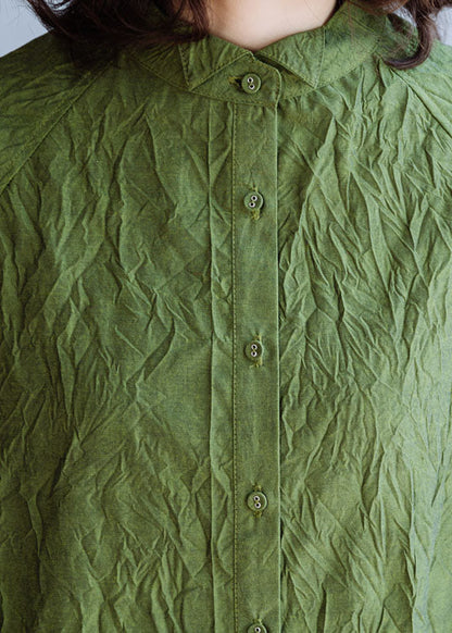 Green Wrinkled Button Cotton Long Dress Spring