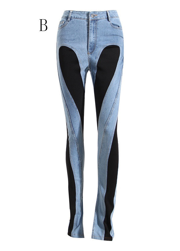 Hollow Out Tulle Patchwork Denim Trousers Fall