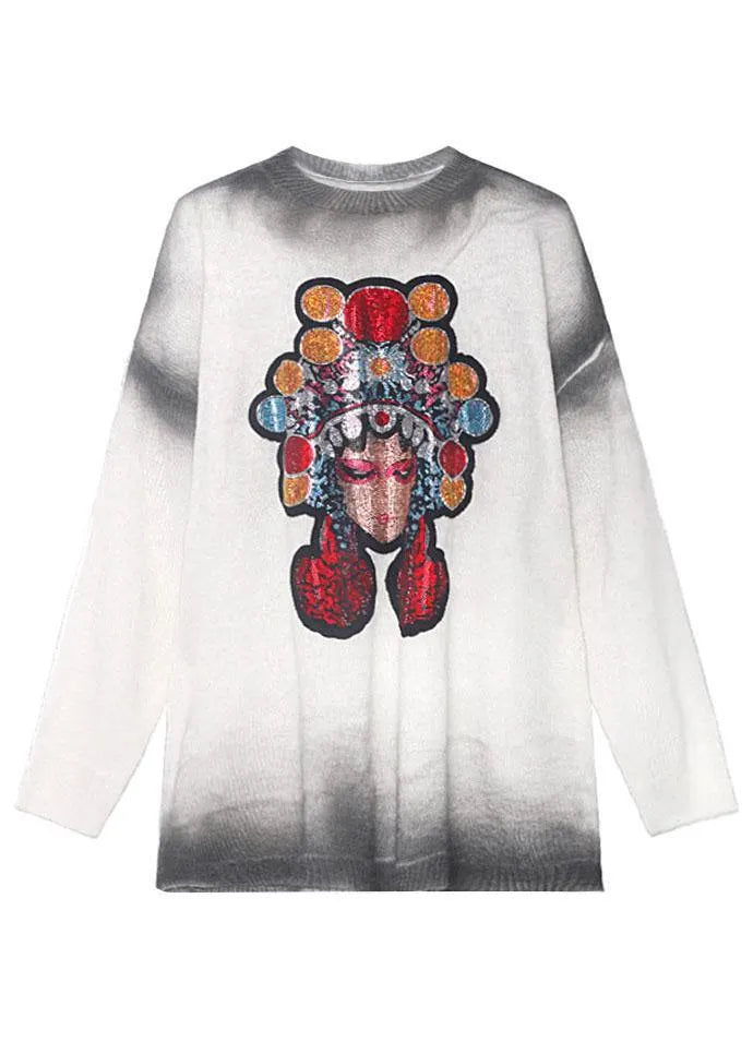 Simple White Loose O-neck Tie Dye Fall Long Knit Top