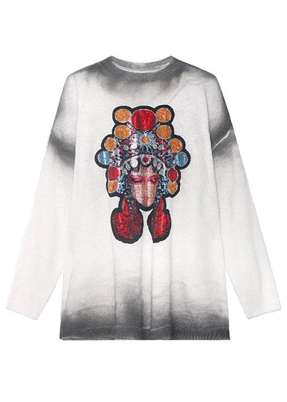 Simple White Loose O-neck Tie Dye Fall Long Knit Top