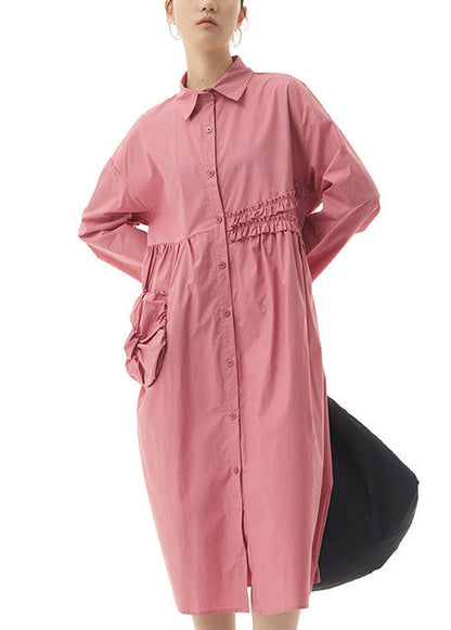 Pink Ruffled Patchwork Cotton Shirts Dresses Spring