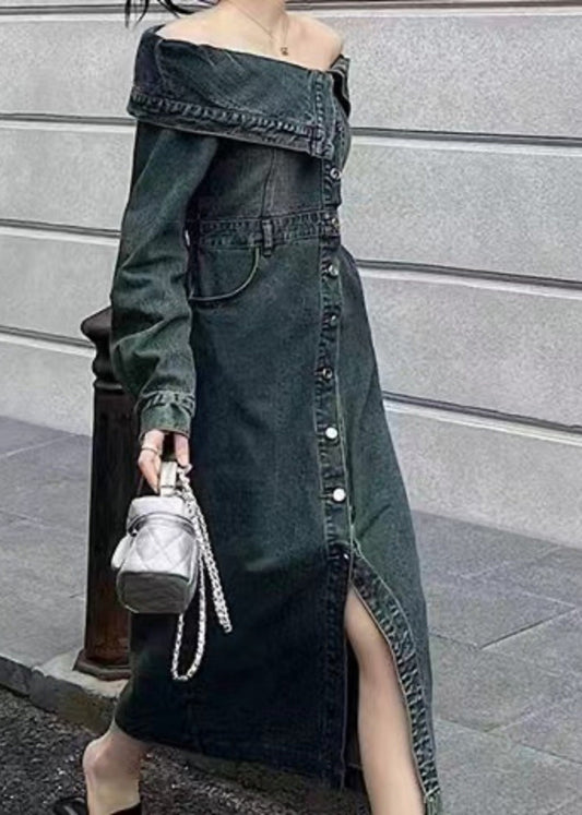 Blue Slash Neck Patchwork Side Open Denim Long Dresse Puff Sleeve Spring