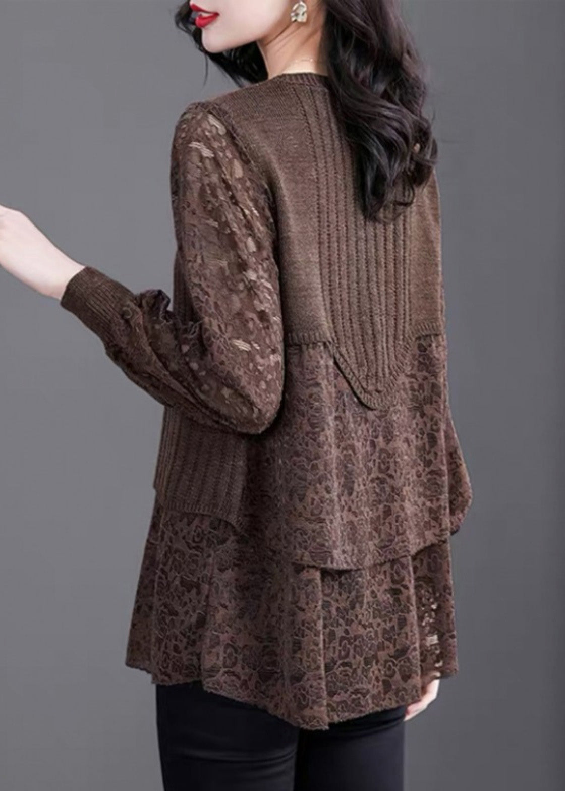 Coffee O-neck Knit Patchwork Fake Two Pieces Top Fall