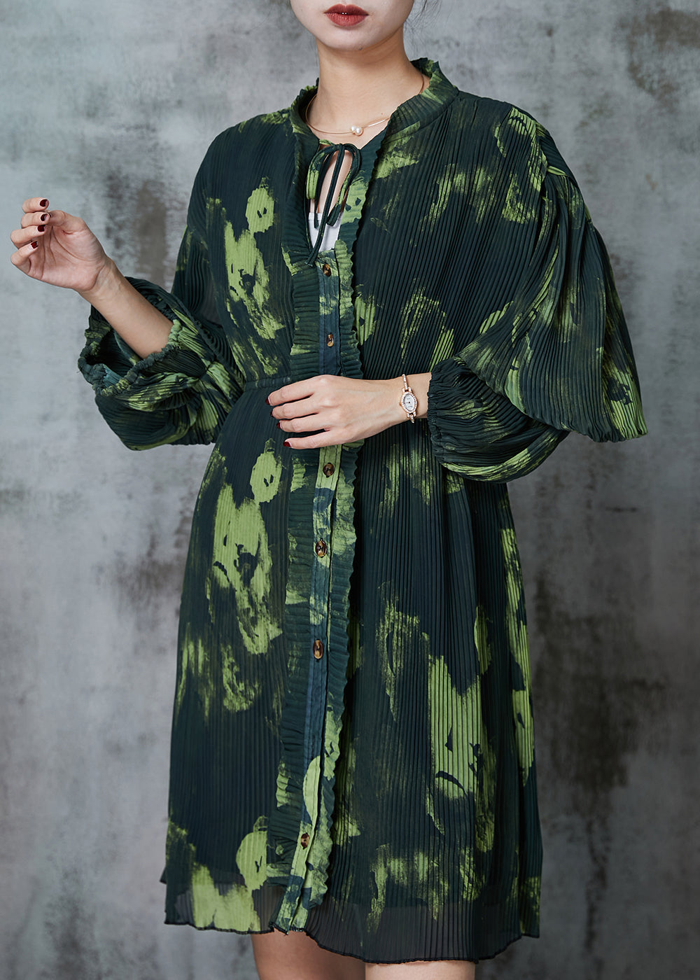 Blackish Green Tie Dye Pleated Dress Spring