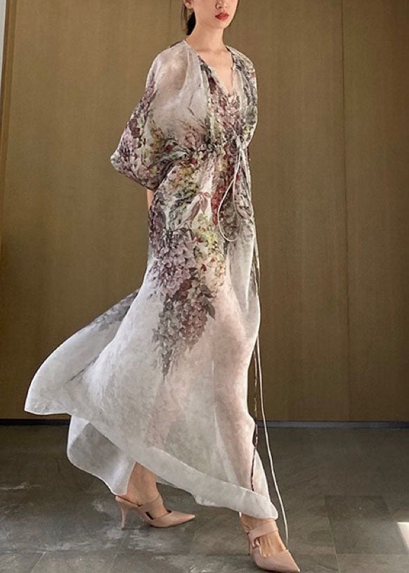 V Neck Print Drawstring Chiffon Maxi Dresses Half Sleeve Summer