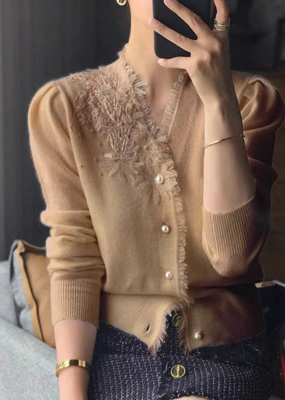 Purple V Neck Tasseled Embroideried Woolen Cardigan Fall