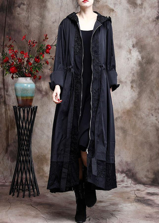 Italian Black Embroidery Coat Hooded Maxi Coats