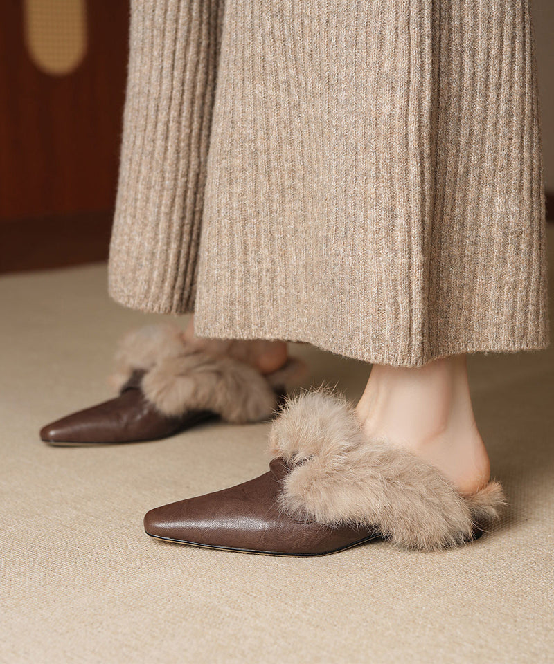Black Cowhide Leather Comfy Splicing Flats Fuzzy Wool Lined
