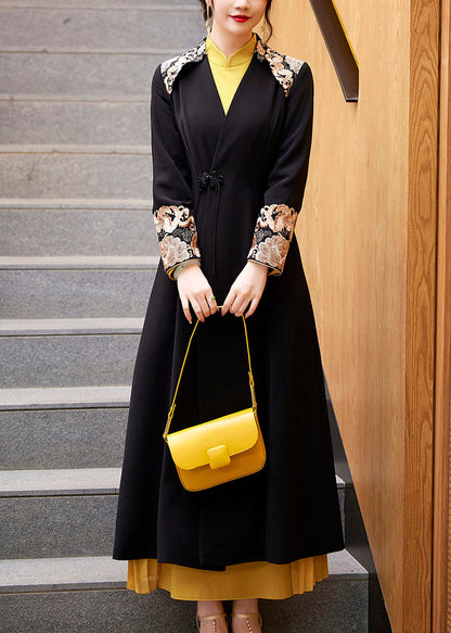 Black V Neck Embroideried Button Long Coats Fall