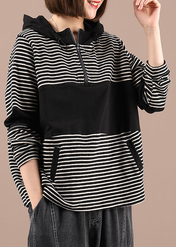Black Patchwork Striped Hooded Pockets Fall Pullover