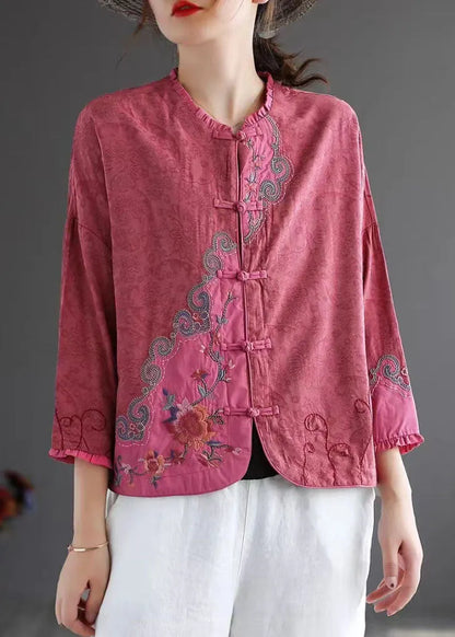 Rose Embroideried Chinese Button Patchwork Cotton Top Spring