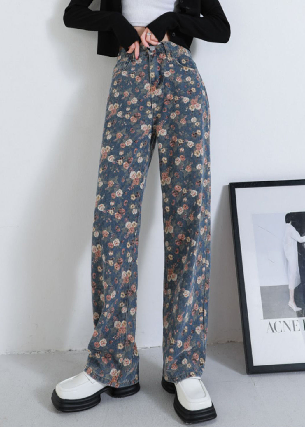 Navy Oversized Print Warm Fleece Denim Straight Pants Spring