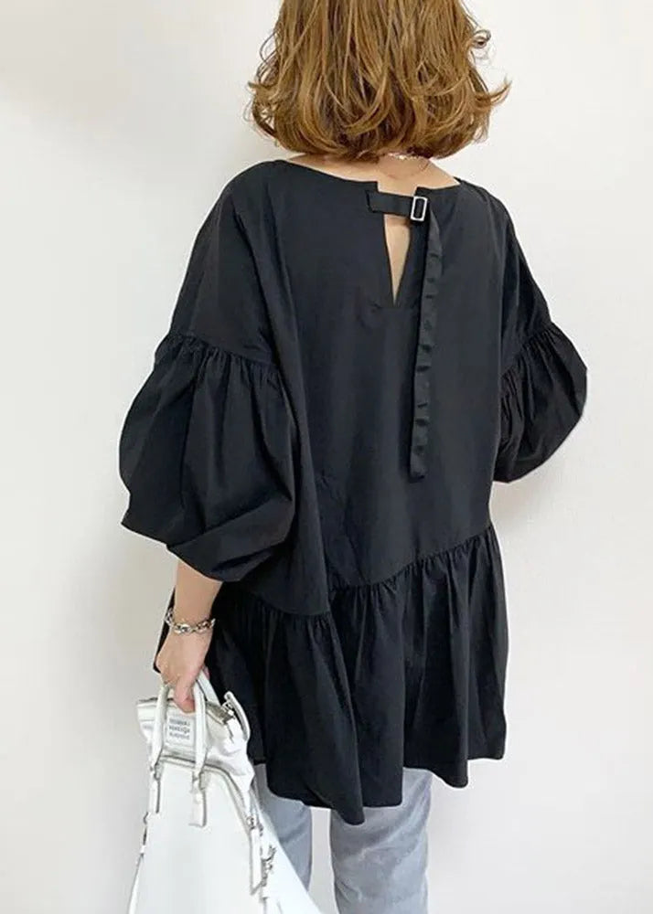 Black V Neck Wrinkled Shirts Lantern Sleeve