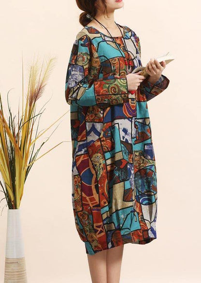 Blue Geometric Clothes O Neck Maxi Spring Dresses