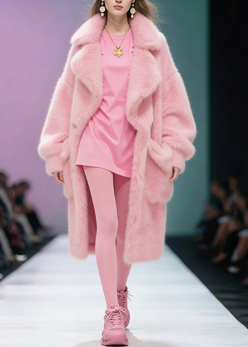 Pink Peter Pan Collar Pockets Patchwork Fuzzy Fur Fluffy Coat Winter