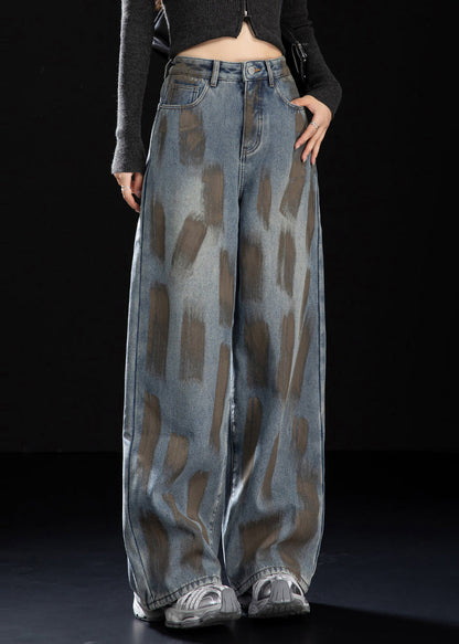 Navy Oversized Painting Warm Fleece Denim Pants Spring