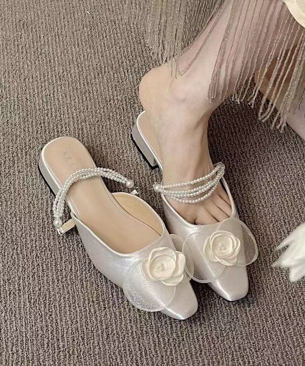 French Apricot Pearl Satin Slide Sandals