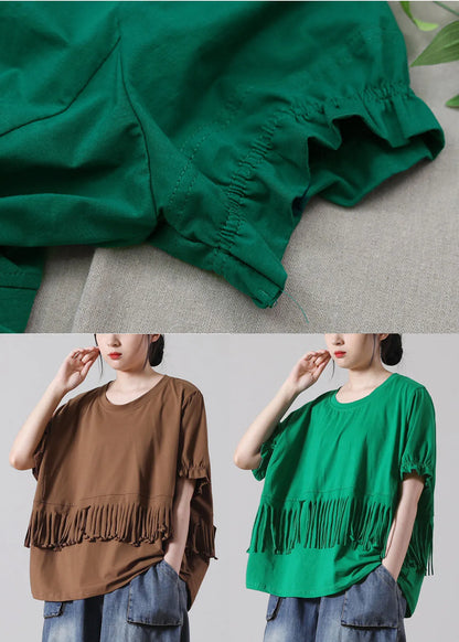 Green O-neck Patchwork Cotton Tank Tops Short Sleeve