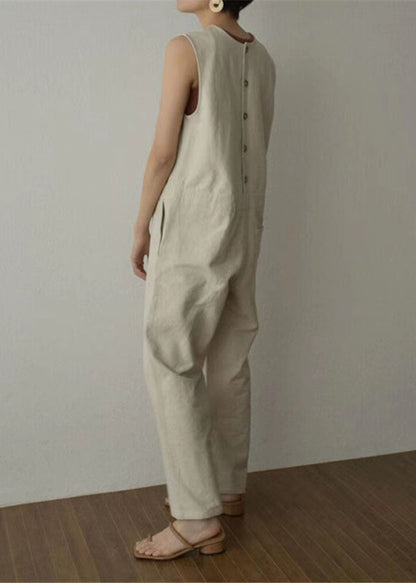 Apricot Pockets Patchwork Cotton Wide Leg Jumpsuits Sleeveless