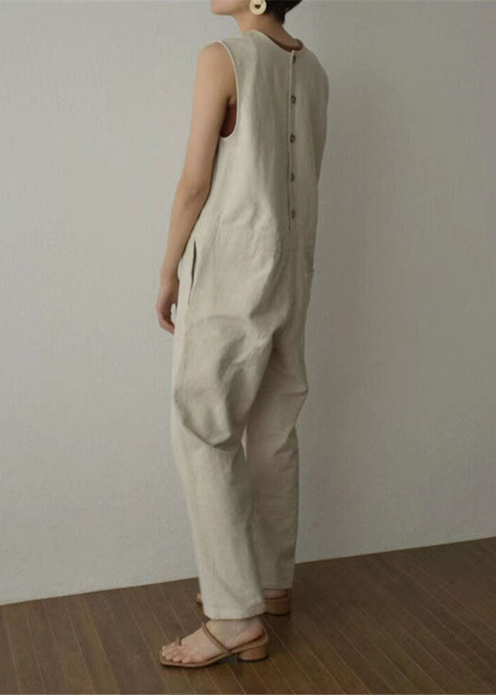 Apricot Pockets Patchwork Cotton Wide Leg Jumpsuits Sleeveless
