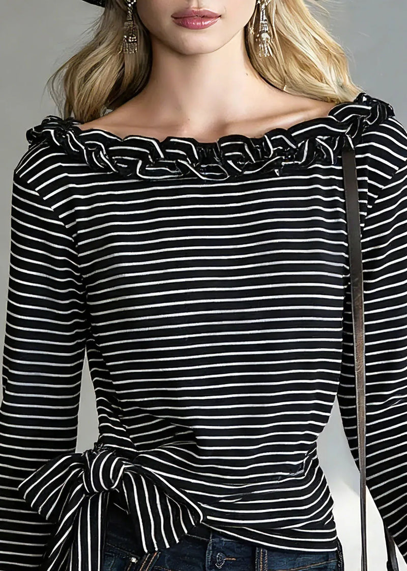 Black Striped Tie Waist T Shirts Spring
