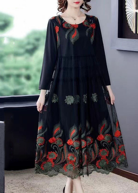 Black Embroideried Patchwork Tulle Party Dress Spring