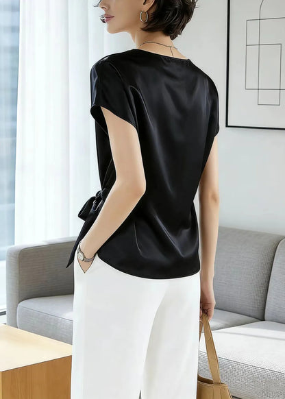 Simple Style Black O Neck Lace Up Silk Tops Summer