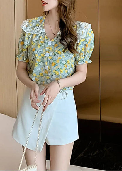 Natural Green Button Peter Pan Collar Lace Patchwork Chiffon Blouses Short Sleeve
