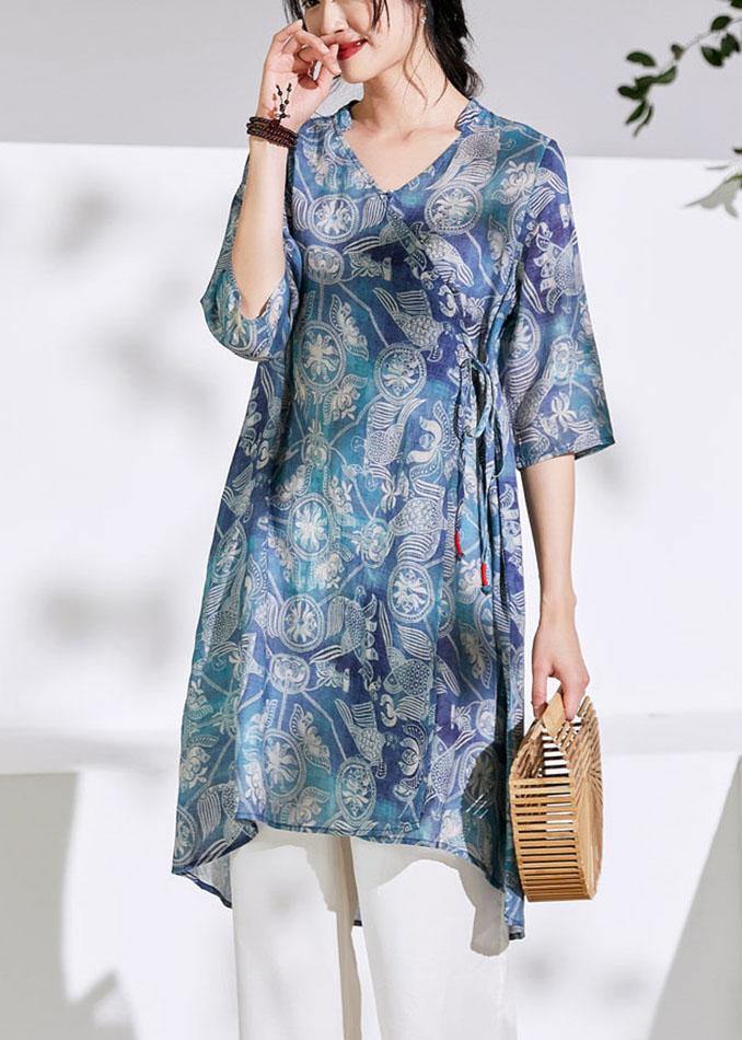 Loose Blue Tie Waist Print Summer Ramie Top