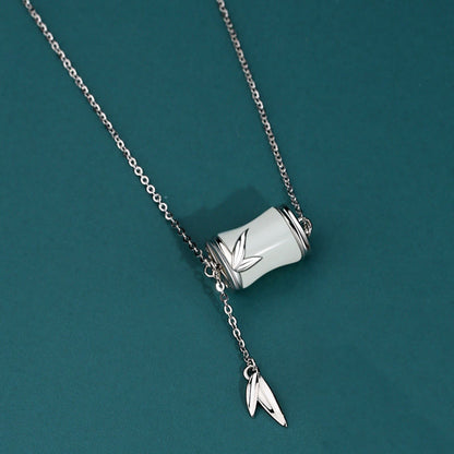 Buddha Stones 925 Sterling Silver 22k Gold Hetian White Jade Bamboo Leaf Luck Necklace Pendant Bracelet