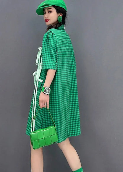 Green Peter Pan Bow Collar Plaid Button Shirt Short Sleeve