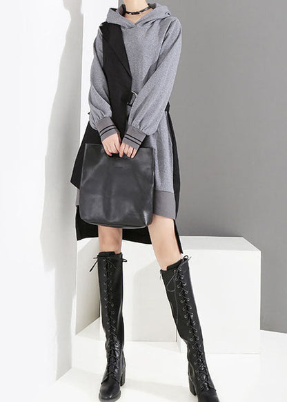 Style Grey Low High Design Tie Waist Hooded Patchwork Dresses Spring