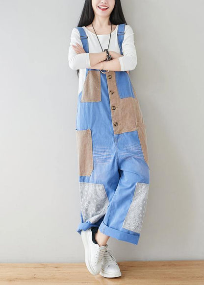 French Baby Blue Patchwork Jeans Jumpsuit