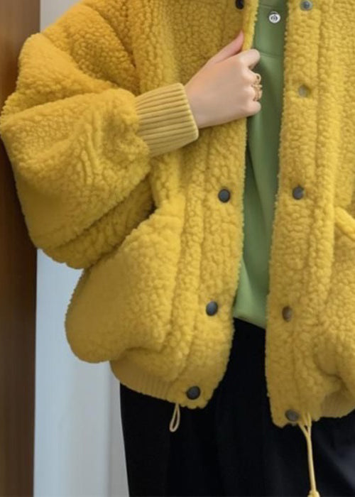 Yellow Button Pockets Teddy Faux Fur Coat Spring