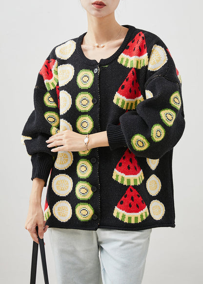 Black Fruit Print Oversized Knit Cardigans Winter