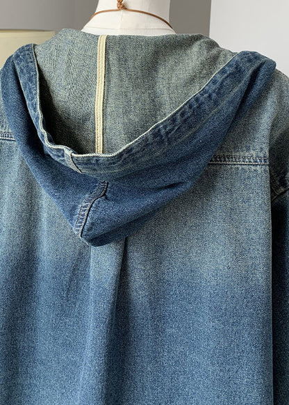 Blue Button Denim Hooded Coat Fall