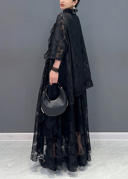 Black Ruffled Lace Up Patchwork Lace Two Piece Set Summer