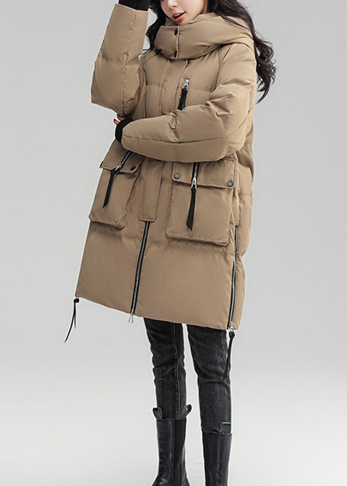 Khaki Hooded Button Patchwork Duck Down Coat Winter