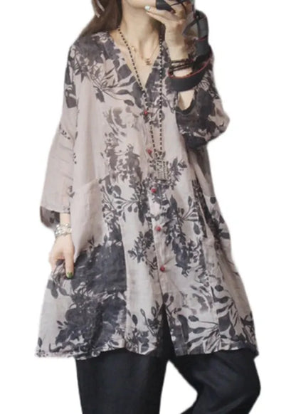 Art Grey V Neck Button Side Open Pockets Print Linen Shirt Top Summer